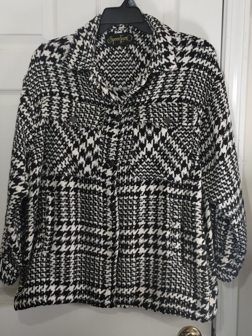 Plus Size Spoonjeans Black & White Houndstooth Tweed Button-Up Shacket
